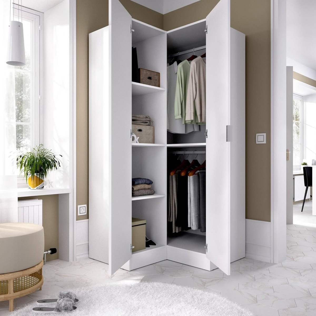 Hoekdraaideurkast Elgon 91 x 93 x 184 cm – Moderne Kledingkast voor Slaapkamer met 2 Vleugeldeuren, Legplanken en Kledingroedes – Ruime Hoekkast in Wit