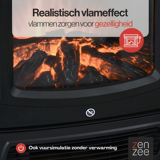 Close-up van het realistische vlammeneffect van de sfeerhaard, met optie voor vuursimulatie zonder verwarming.