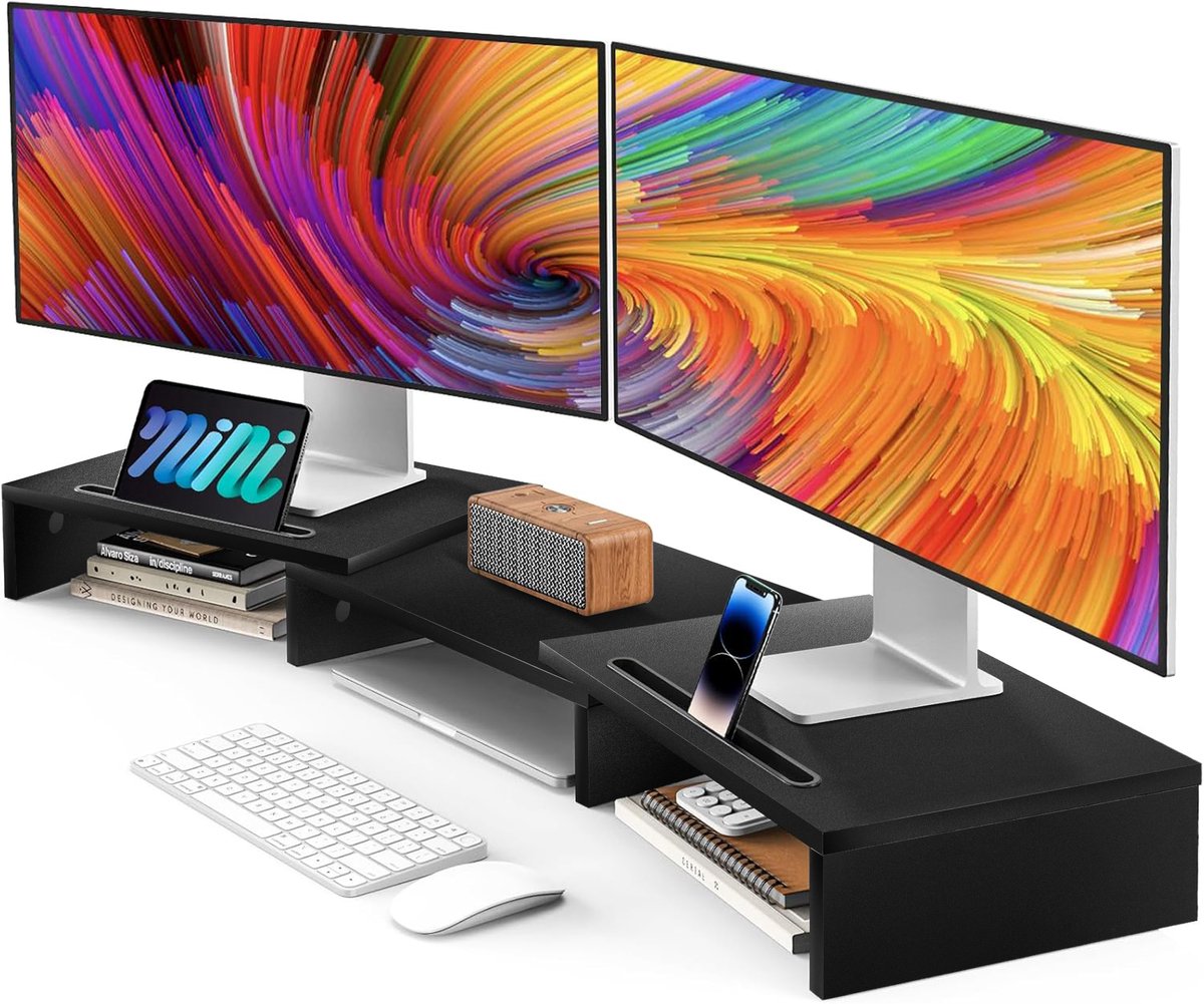 YONO Monitor Standaard 2 Schermen - Beeldscherm Verhoger met Telefoon Houder - Bureau Organizer - Verstelbaar - Hout - Zwart