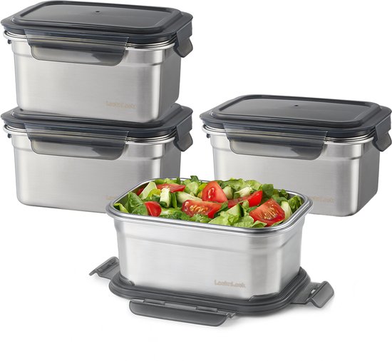 Lock&Lock RVS Vershoudbakjes met deksel - RVS bakjes - Bewaarbakjes - Diepvriesbakjes - Meal prep bakjes - Vershouddoos - RVS Lunchbox - Broodtrommel - Lunchtrommel - Roestvrijstaal - Lekvrij - BPA vrij - Set van 4 stuks - 1 liter - LocknLock