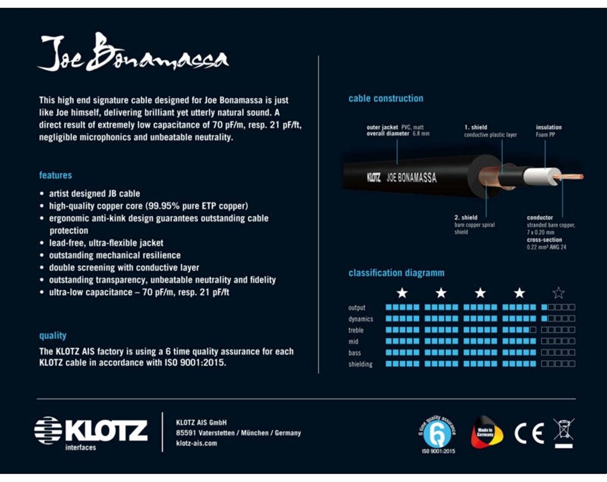 Klotz JBNPP045 Joe Bonamassa gitaarkabel 4.5 meter recht - recht