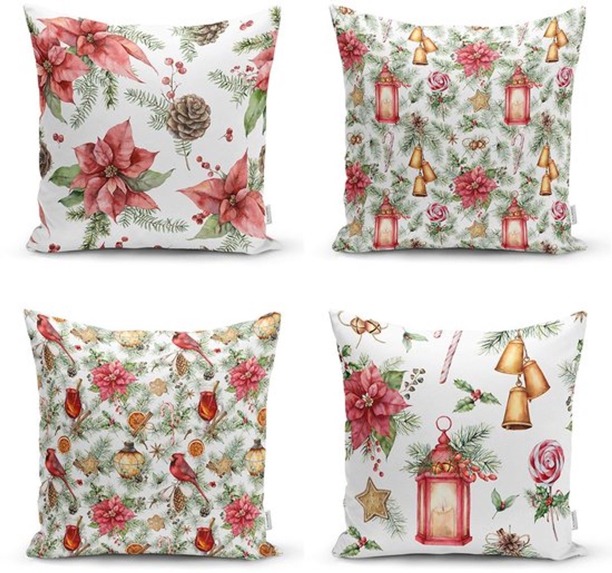 De Groen Home Velvet Kussenhoes set van 4 stuk - 45x45 - Kussensloop - Kerst bloemen - De Groen Home Wit & Divers