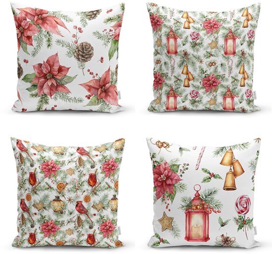 Velvet Kussenhoes set van 4 stuk - 45x45 - Kussensloop - Kerst bloemen - De Groen Home