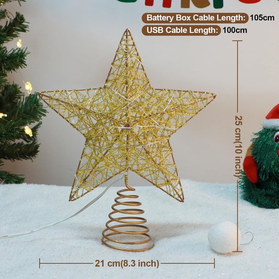 Gouden glitter kerstboom piek ster van 25cm hoog, met spiraalvormige basis en afmetingen gespecificeerd.