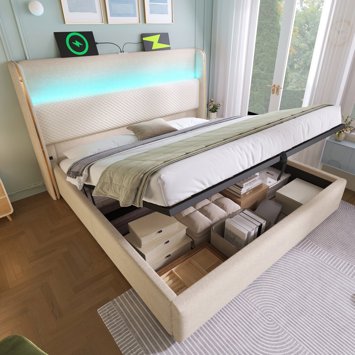 Sweiko Gestoffeerd bed - 180x200 cm - Hoog hoofdeinde - LED-verlichting - Opbergruimte - USB/Type-C - Linnen - Beige