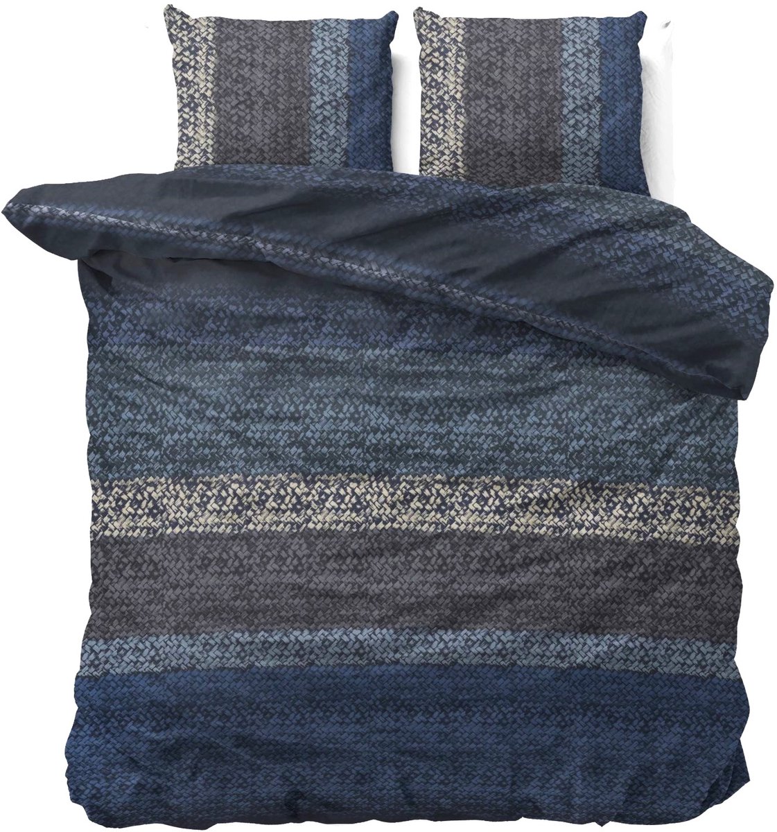 2-persoons flanellen dekbedovertrek (dekbed hoes) blauw / grijs / antraciet kreukel patroon gestreept / brei motief van grof garen / wol FLANEL KATOEN tweepersoons 200 x 220 cm (aangenaam warm en zacht voor de winter / najaar!)