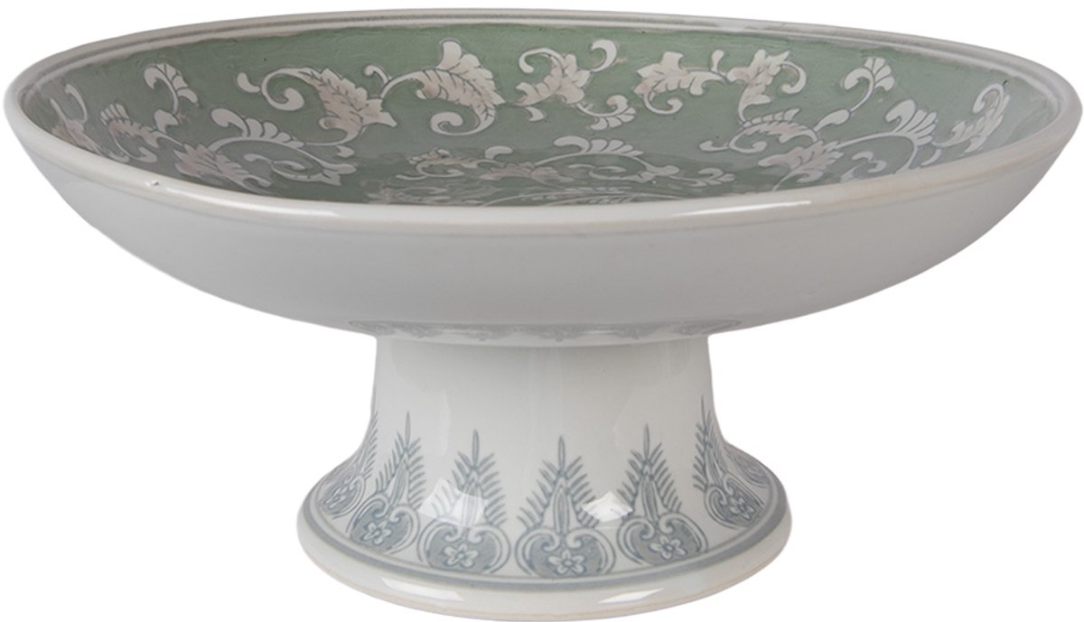Clayre & Eef Taartplateau op Voet Ø 26x13 cm Wit Groen Porselein