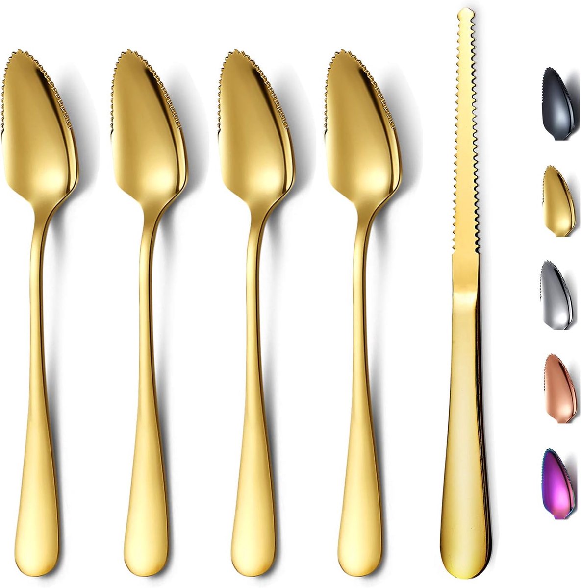 Sander Shop Gouden grapefruitlepels 5-delige set, 4 roestvrijstalen grapefruitlepel en 1 grapefruitmes met titaniumplaat, grapefruitgereedschapset, gekartelde randen Lepelpakket van 5 (goud)