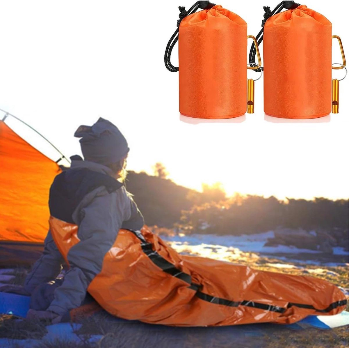 2-Stuks Noodslaapzak, ultralichte waterdichte thermische bivakzakhoes, 210x90cm noodonderkomen overlevingskit voor kamperen, wandelen, buiten- en reisuitrusting Survivalkit,met fluitje en karabijnhaak - Cyslmuk®