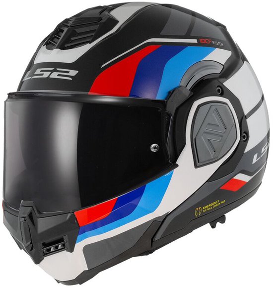 Casque modulable noir avec rayures bleues, rouges et blanches. Logo LS2 sur le côté.