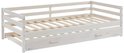 Wit houten bedframe met lades en lattenbodem.