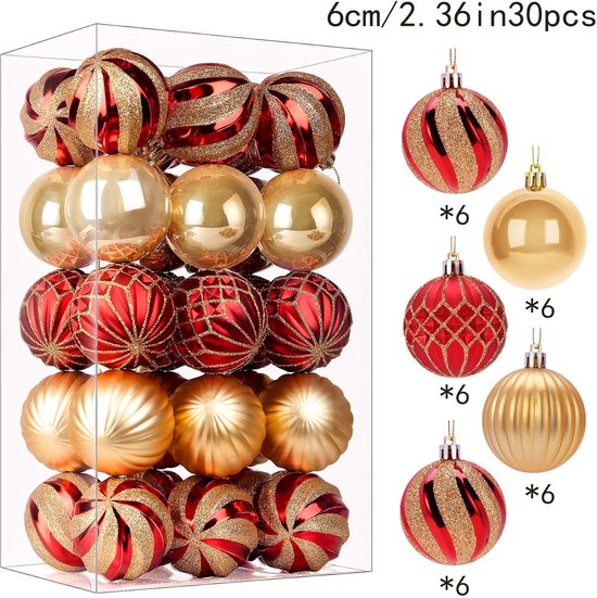 Set van 30 rode en gouden kerstballen van 6 cm, verpakt in een doorzichtige doos.