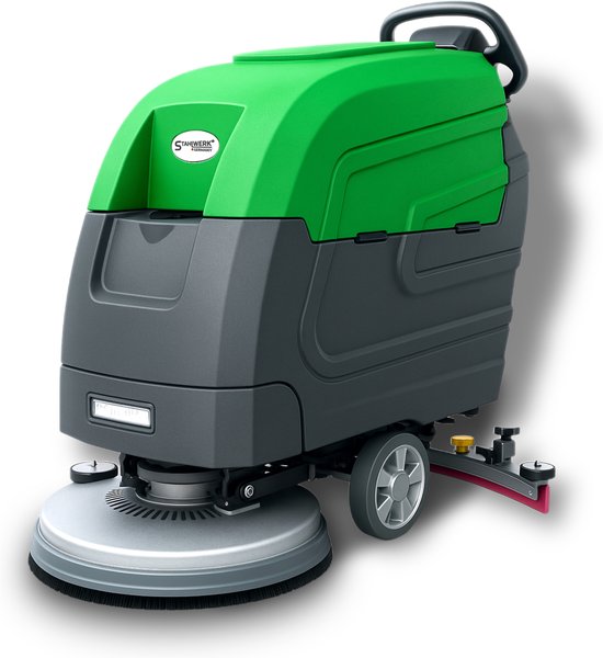 Staalwerk Germany schrobzuigmachine in groen en grijs, met borstel aan de voorzijde en handgreep aan de achterzijde.