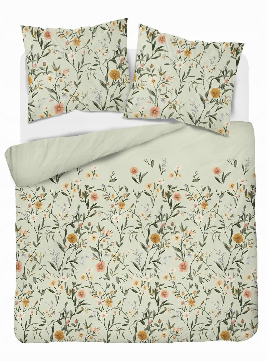 Satijnen beddengoed 160x200 mintgroen met kleine bloemen