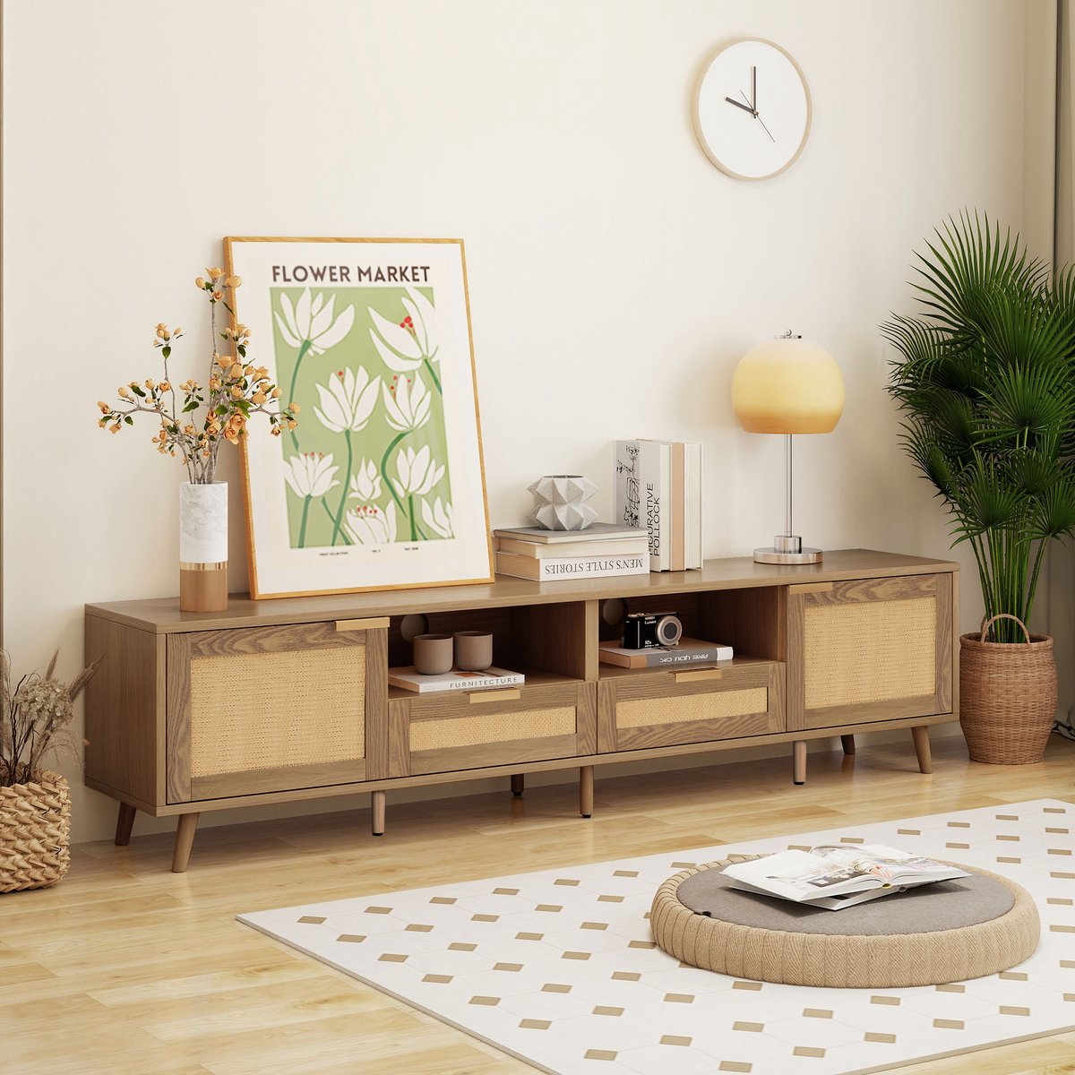 HAUSS SPOLE TV meubel - Modern TV-kast met 2 deuren en 2 lades - Voor woonkamer, eetkamer en slaapkamer - 200x37x49 cm - Spaanplaat - Naturel