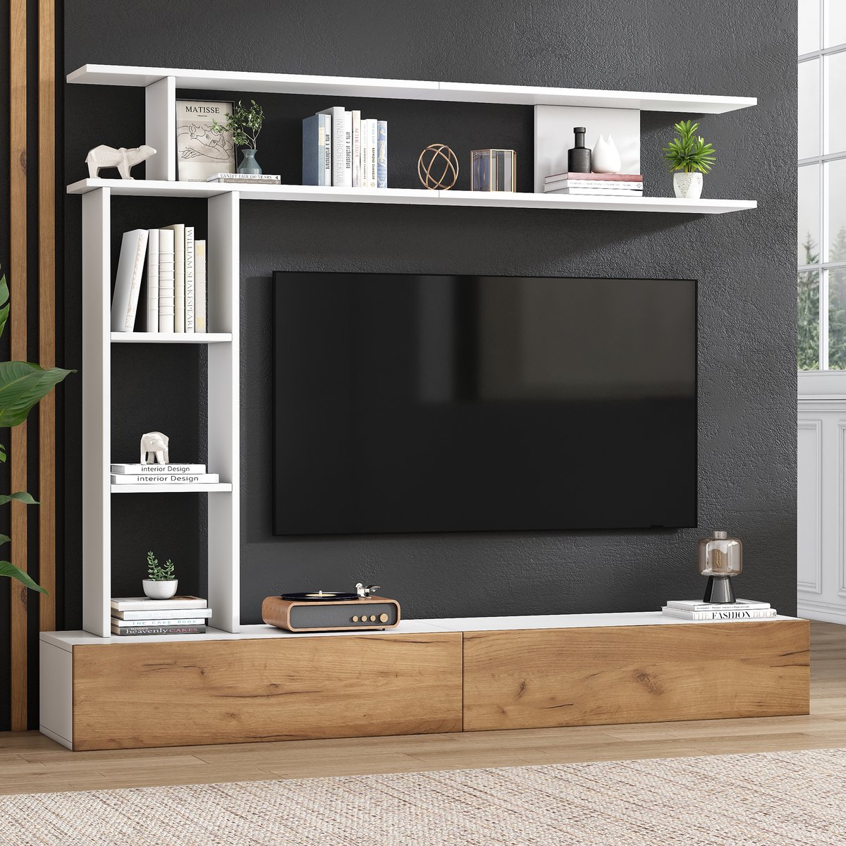 HAUSS SPOLE TV meubel - TV-kast set met verticaal presentatiekast en open vakken - Voor woonkamer, eetkamer en slaapkamer - 180x35x22,5 cm - Spaanplaat - Naturel