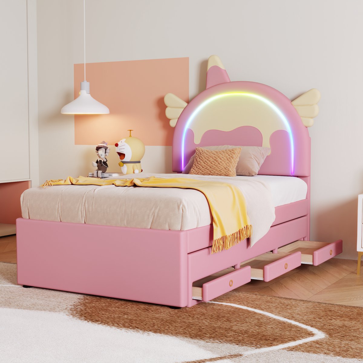 HAUSS SPOLE Peuterbed 90x200 - Kinderbed Eenpersoonsbed met Uitrolbed en 3-in-1 Lade, Eenhoorn Hoofdbord - PU - Roze — cadeau in Cadeau-ideeën - foto 5