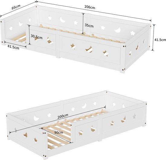Lit enfant Montessori BursDany 90x200 cm, lit simple au sol avec protection antichute et sommier à lattes, motif étoile-lune, pour garçons et filles, en pin blanc massif (sans matelas)