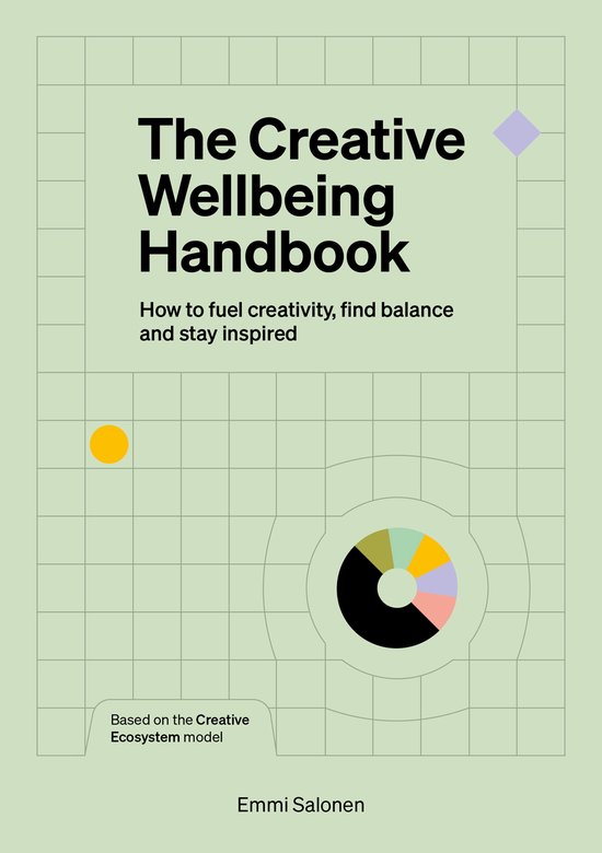 Boek kaft 'The Creative Wellbeing Handbook' met tekst en abstracte vormen op een pastelgroen raster.