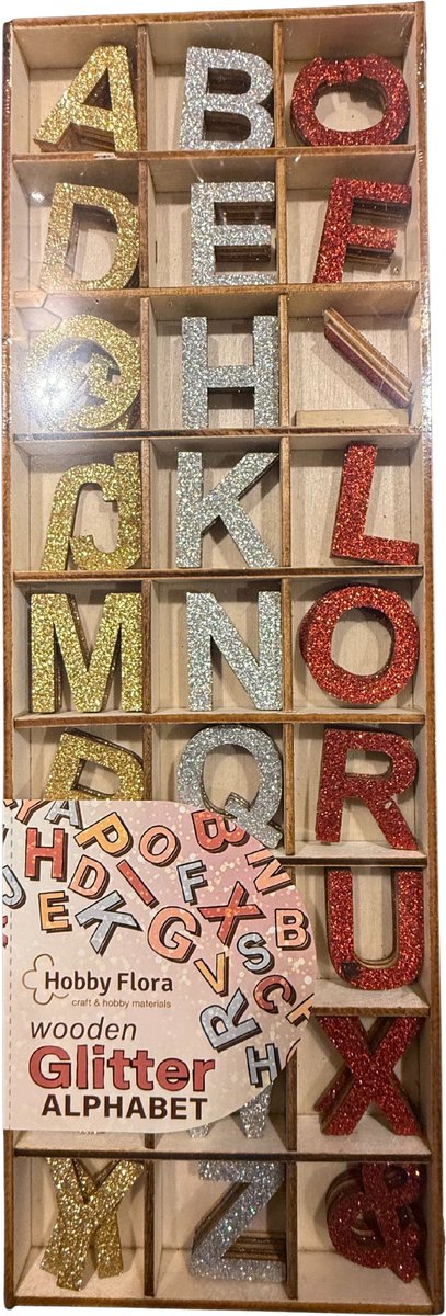 glitter alfabet – Glitter Letters – 27 Stuks – Multiplex – 2 cm Hoog – Decoratieve Letters voor Knutselen, Naamdecoratie & DIY – Wooden Glitter Alphabet