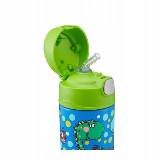 Bouteille bleue avec couvercle et paille verts, décorée d'un dinosaure joyeux et de pois jaunes, rouges et bleus.
