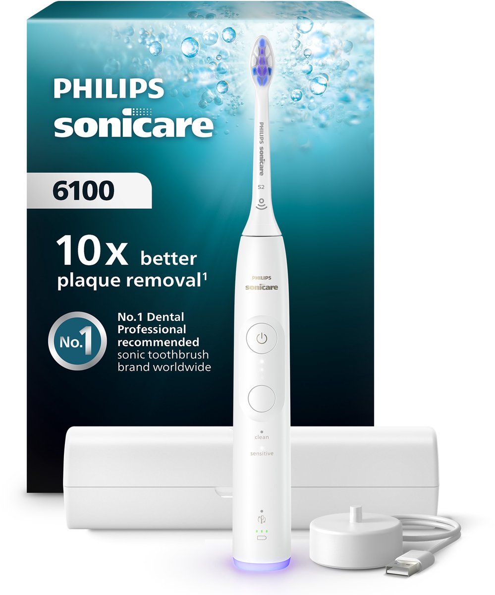 Philips Sonicare 6100 Series – Elektrische Tandenborstel – Wit - Reisetui - Gevoelige tanden - HX7400/06