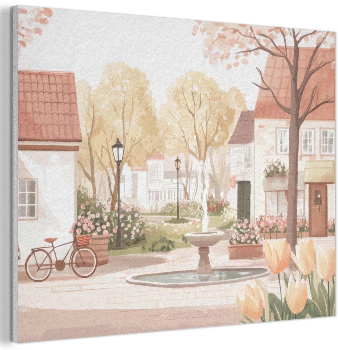 Akoestisch wandpaneel 80x60 cm - Vilt schilderij Dorpsplein - Fontein - Tulpen - Akoestische panelen - Geluidsdempende wanddecoratie - Geluidsisolatie woonkamer - Muurdecoratie geluidspanelen