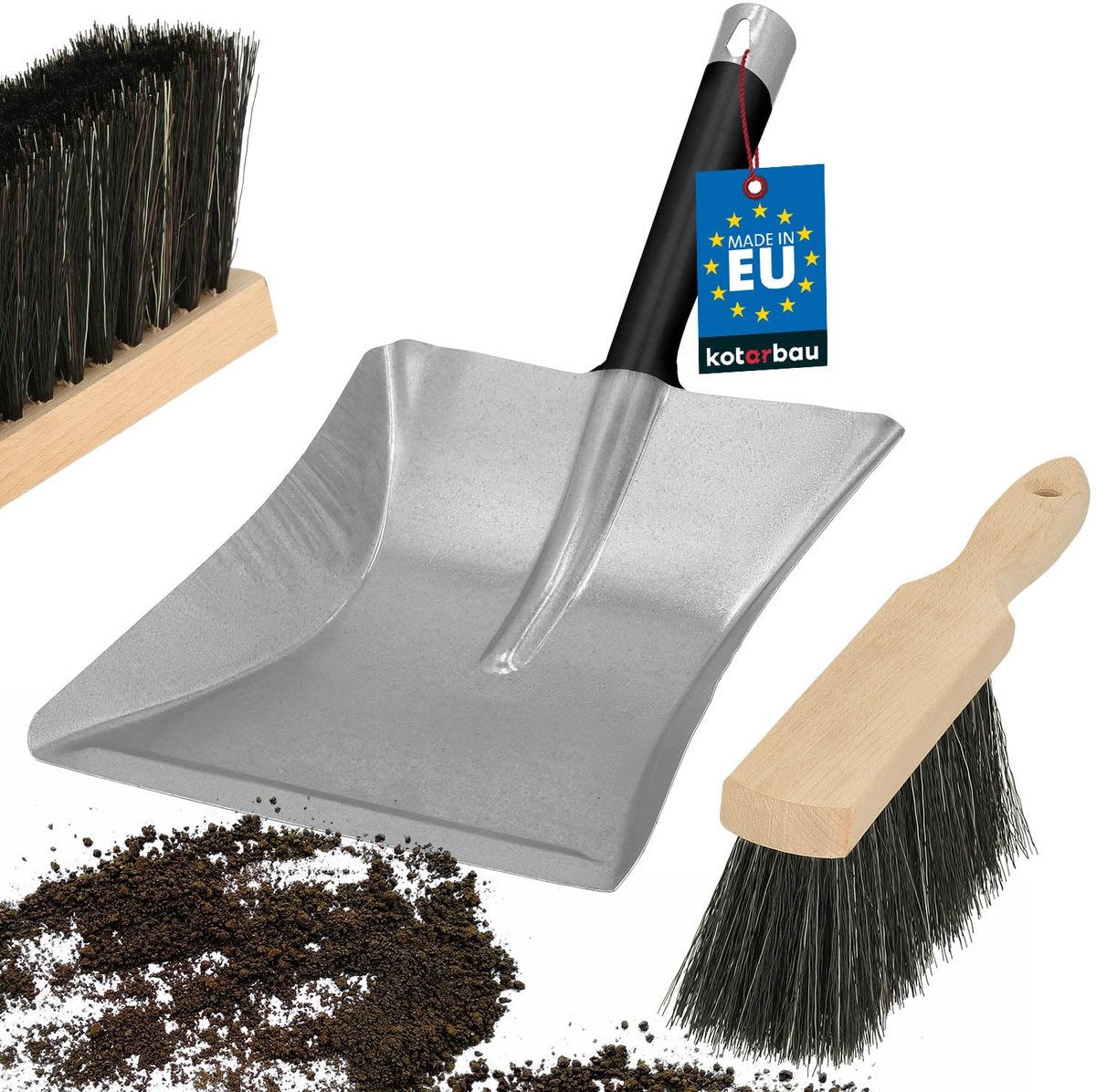 KOTARBAU® Stoffer En Blik Set, Metalen Vuilblik, Verzinkt Staal En Hout, Handeger van Hout, Stoffer En Blik Voor Open Haard, Terras, Werkplaats, Grijs En Naturel