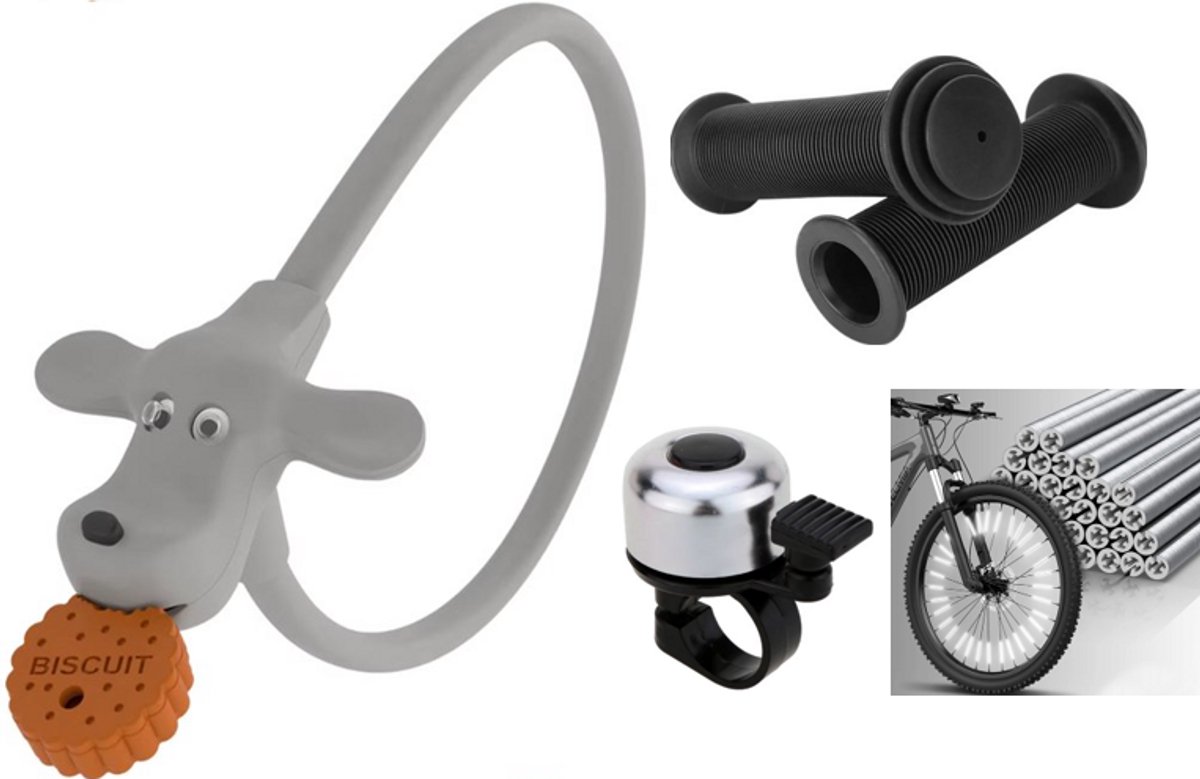 Rieba® Fietsslot 4-delige Set Grijs / Zwart - Kinderslot voor Kinderfiets - Inclusief Fietsbel - Spaakversiering & Handvatten - Accessoires voor Kinderen - Fiets Kind - Grijs / Zwart