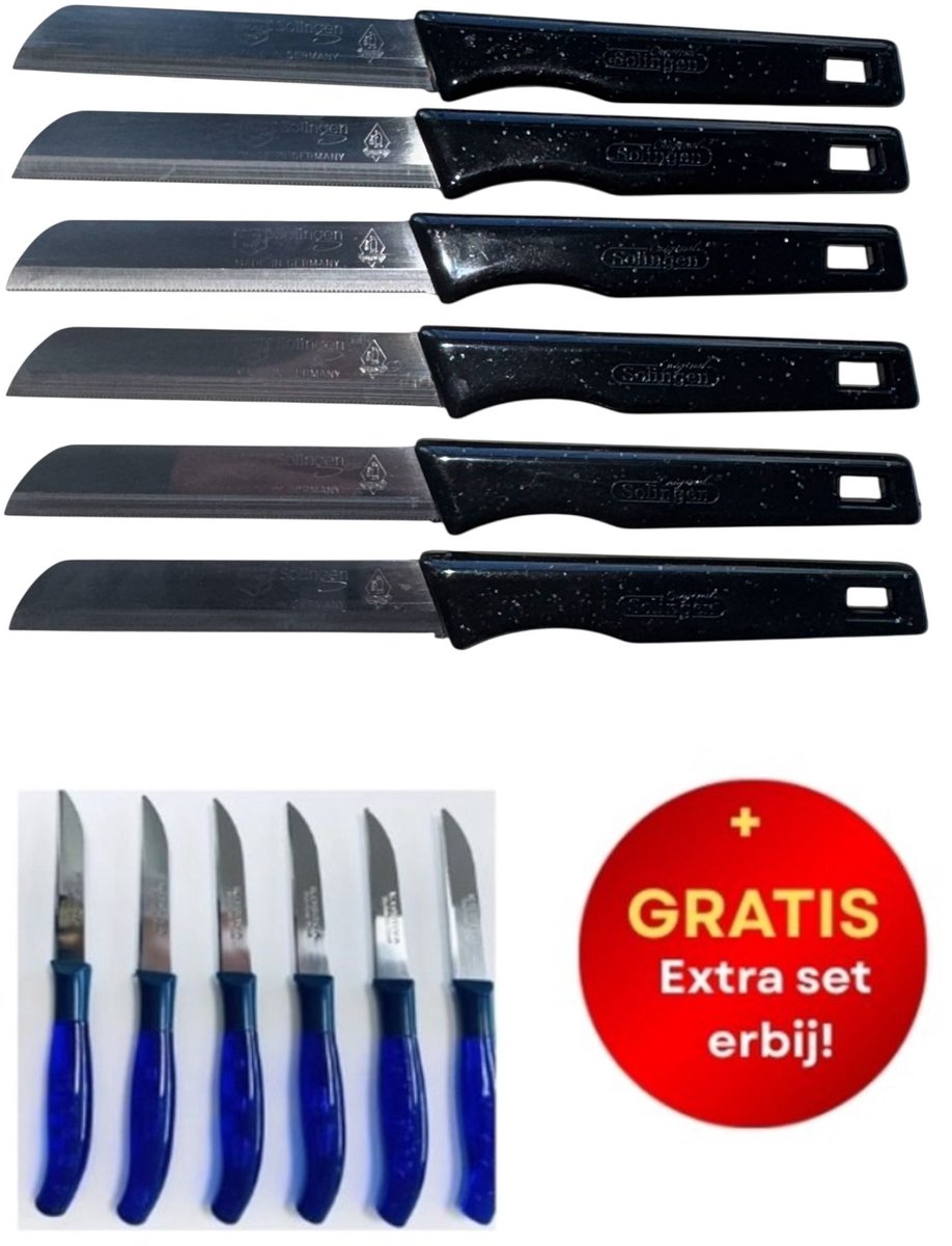 6 + 6 GRATIS! - Solingen - Zwarte Messen Vlijmscherp met Kartel + Gratis Kosova Messenset - Blauw