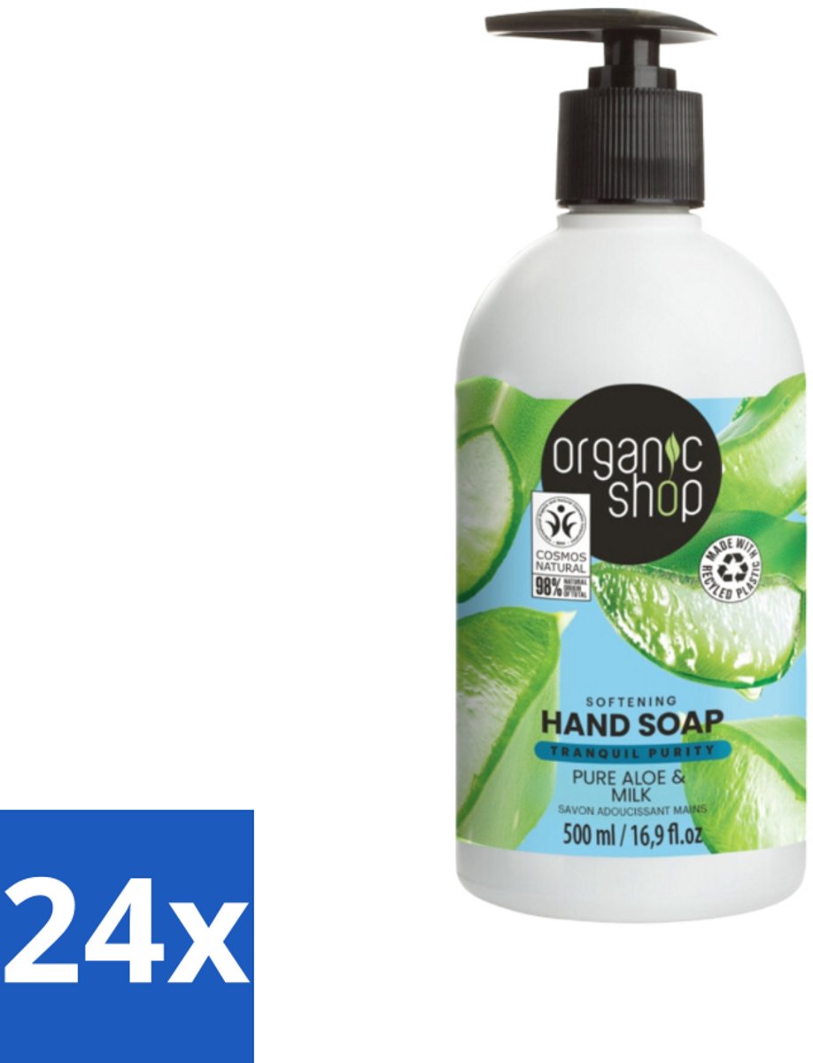 24 x Organic Shop - Handzeep Aloe & Milk - Verzachtend en Hydraterend - 500 ml - Biologische Handzeep - Aloë Vera Handzeep - Hydraterende Handzeep - Verzachtende Handzeep - Melkproteïnen Handzeep