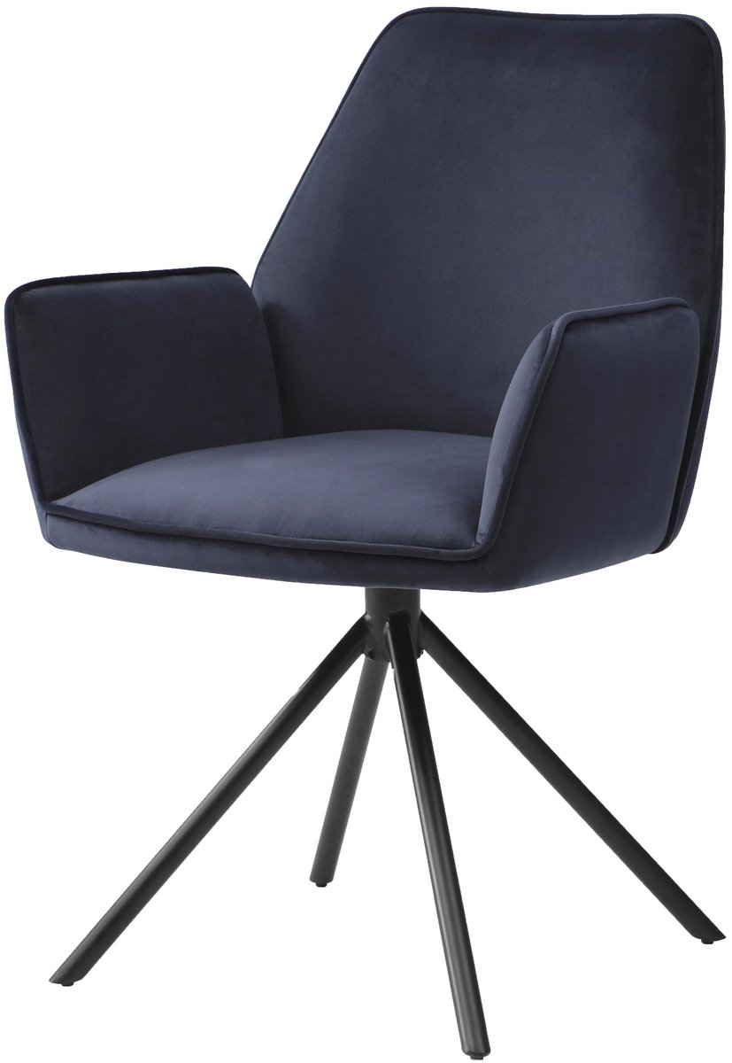 MCW Eetkamerstoel MCW-G67, keukenstoel Stoel met armleuning, draaibare autostand, fluweel MVG ~ antracietblauw, zwarte poten