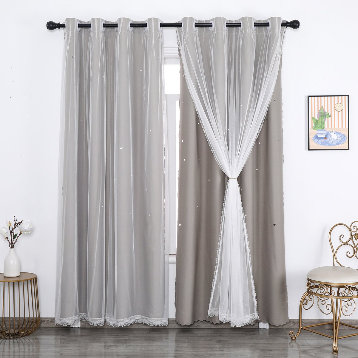Qelus 2 stuks Grijs Verduisterende Gordijnen Kant en Klaar met Ringen - Dubbellaags Gordijn met Sterren, Tulle Laag en Kantrand - 130x215 cm