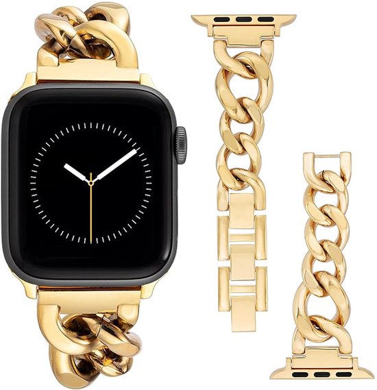 Bracelet de montre FFO2World en Métal – Compatible avec Apple Watch 42 mm (séries 11/10), 41 mm (séries 7/8/9), 40 mm (séries 4/5/6, SE 1/2/3), 38 mm (séries 1/2/3) – Bracelet chaîne en Denim tendance, sécurisé et réglable, remplacement (Goud)