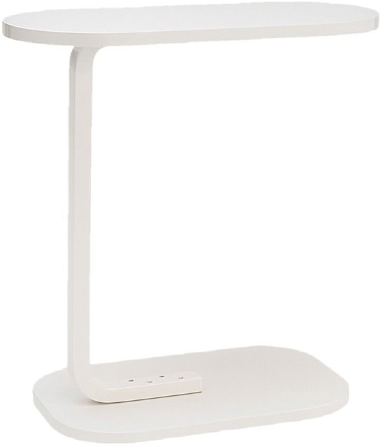 Table d'appoint blanche en forme de C avec un plateau ovale et une base ovale incurvée.