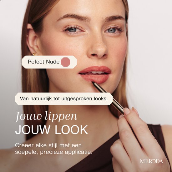 Model met perfecte nude lippenstift en potlood. Tekst: 'Jouw lippen JOUW LOOK'.
