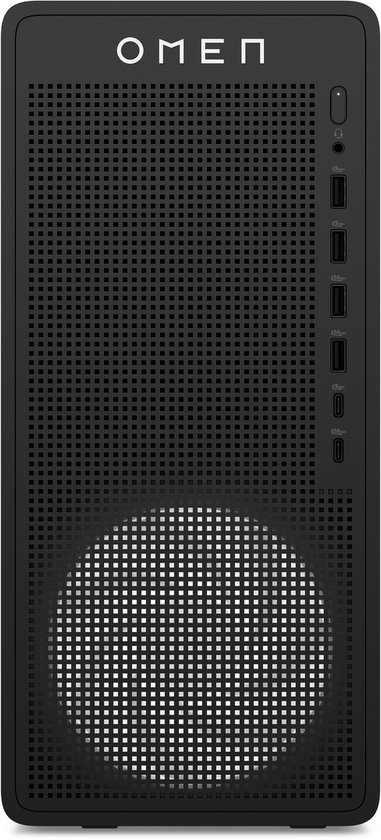 Zwarte OMEN desktop computer met geperforeerd frontpaneel met grote ronde opening en OMEN-logo.