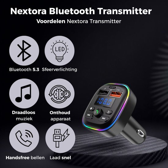 Nextora Bluetooth Transmitter - Bluetooth Receiver - Bluetooth Ontvanger - Bluetooth Transmitter Auto - Bluetooth Auto - Bluetooth 5.3 - USB Autolader - Bluetooth Adapter Auto - Zwart