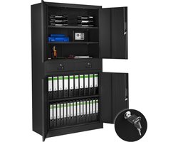 tectake® Archiefkast - 2 kastdelen met afsluitbare deuren - 2 afsluitbare lades - Eenvoudige montage - Ruime constructie - Vleugeldeuren - 4 Deuren - Afmeting (HxBxD) 180x80x40 cm - Zwart