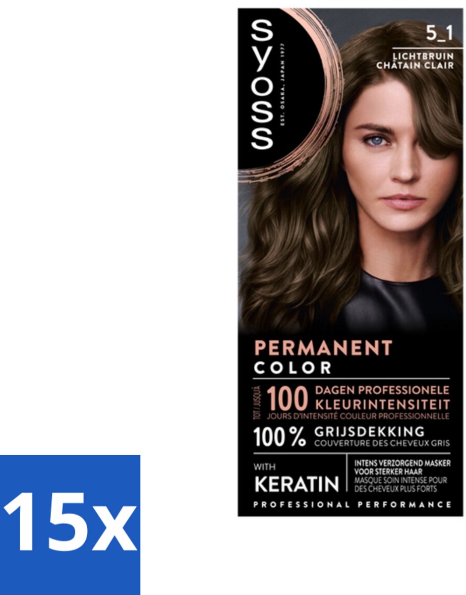 15 x SYOSS - Permanent Coloration 5-1 - Haarverf - Permanente Haarkleuring - Lichtbruin - Grijsdekking - Haarkleuring - Permanente Haarkleuring - Grijsdekking - Keratine - Haarverf