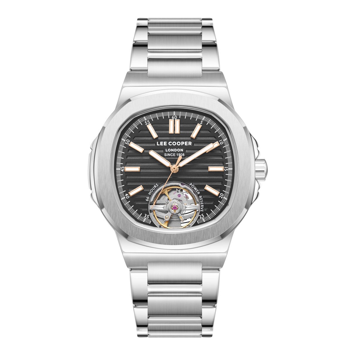 Lee Cooper LC08227.350 - Horloge - Polshorloge - Analoog - Automatisch - Mannen - Heren - Stalen band - Metaal - Rond - Skeleton - Strepen - Cijfers - Zilverkleurig - Goudkleurig - Zwart - Wit - Roos