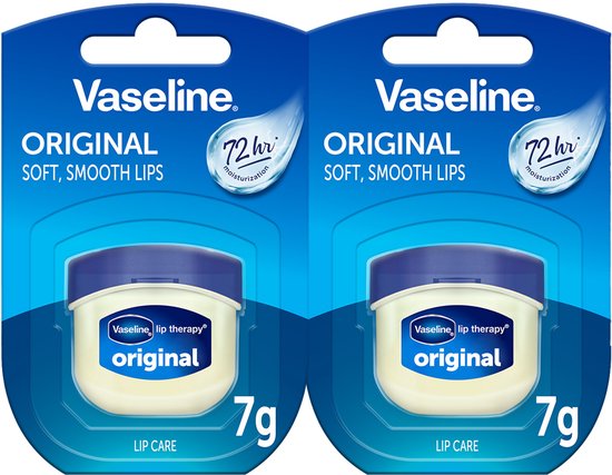 Twee verpakkingen Vaseline Original lip balm, elk met een minipotje en de tekst '72 uur hydratatie'.