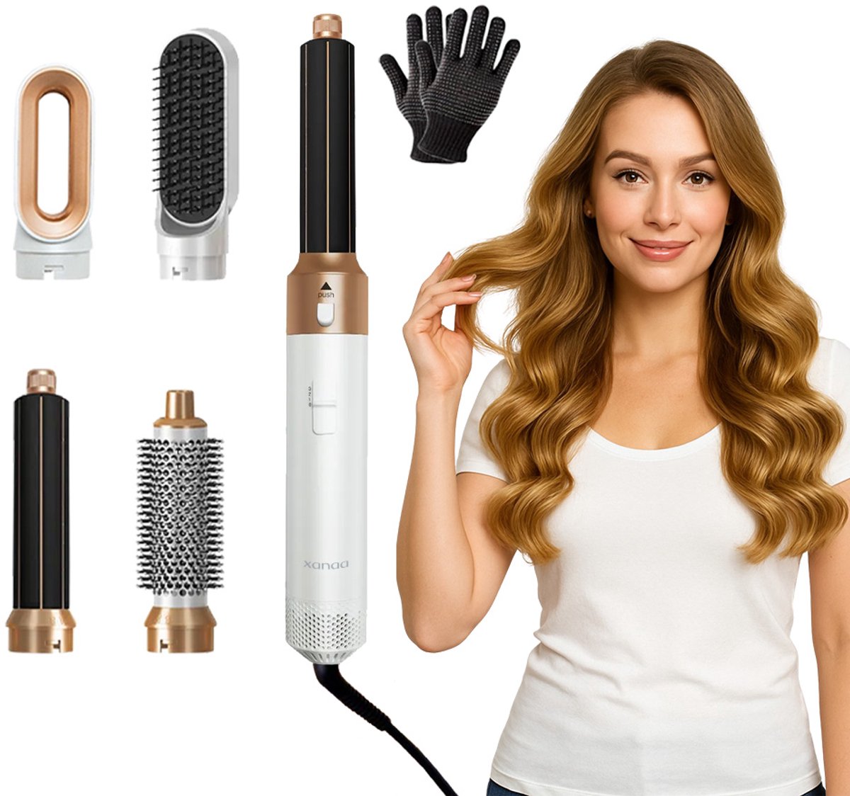 XANAA® - 5 in 1 Airstyler Professioneel Wit/Goud - 2024 editie - Multistyler - Föhn - Föhnborstel - Heteluchtborstel - Krulborstel - Hairstyler - Krultang - Hairwrap met 65.000 RPM 1000W met warmte tot 110 graden. Geschikt voor kapsalon