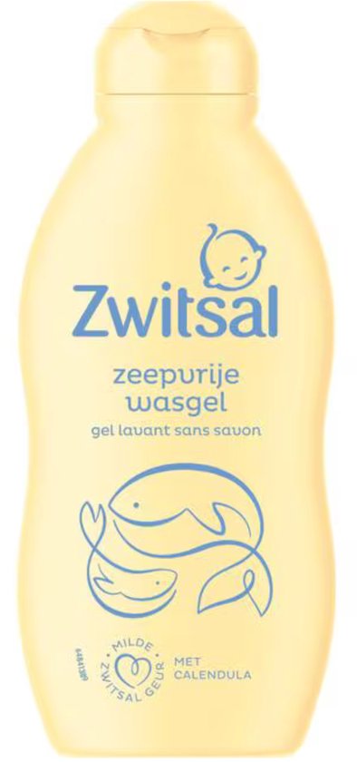 Lichtgele fles Zwitsal zeepvrije wasgel met blauwe tekst en illustraties van visjes en bloemen.