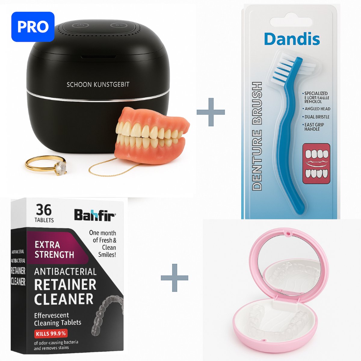5-in-1 Reinigingsset voor Invisalign, Aligner & Knarsbitje – Ultrasone Reiniger + Tabletten + Roze Luxe Case – Voor Retainer, Nachtbeugel & Gebitbeschermer