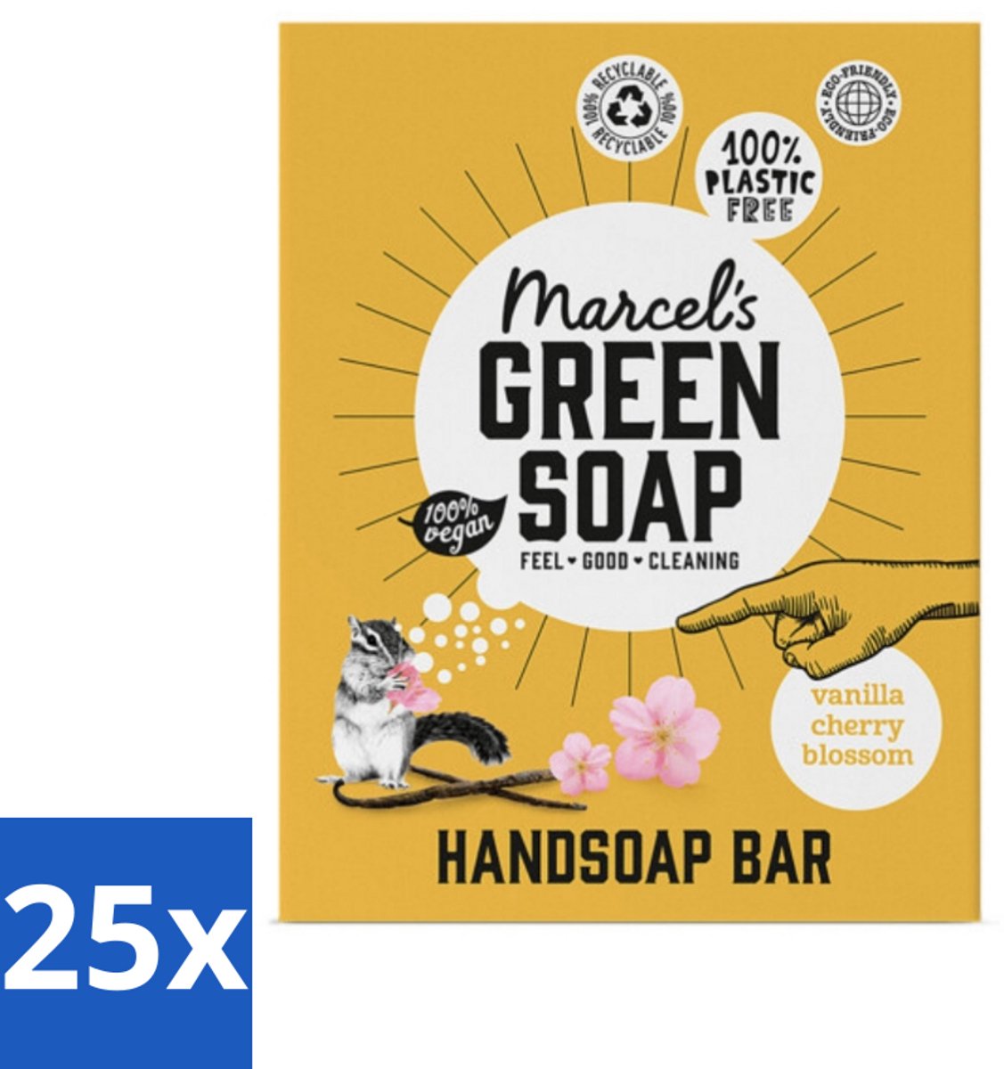 25 x Marcel's Green Soap - Handzeep Bar - Vanille & Cherry Blossom - Krachtige werking - 90 gr - Voordeelverpakking - 25 stuks