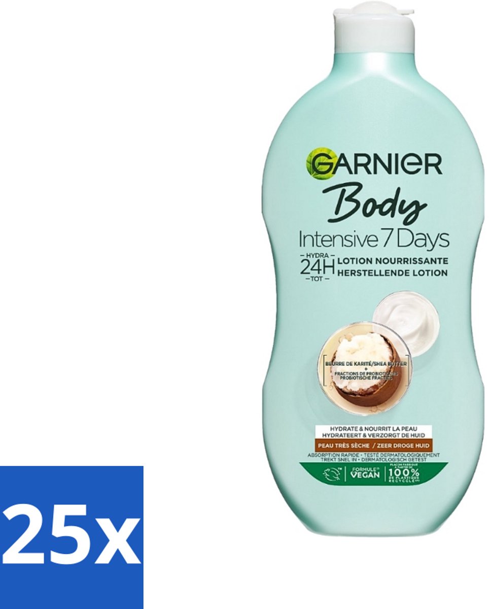 25 x Garnier - Body - Bodylotion - Intensive 7 Days - Herstellend - Karitéboter & Probiotica - 400 ml - Bodylotion - Hydratatie - Huidverzorging - Droge Huid - Huidbarrière
