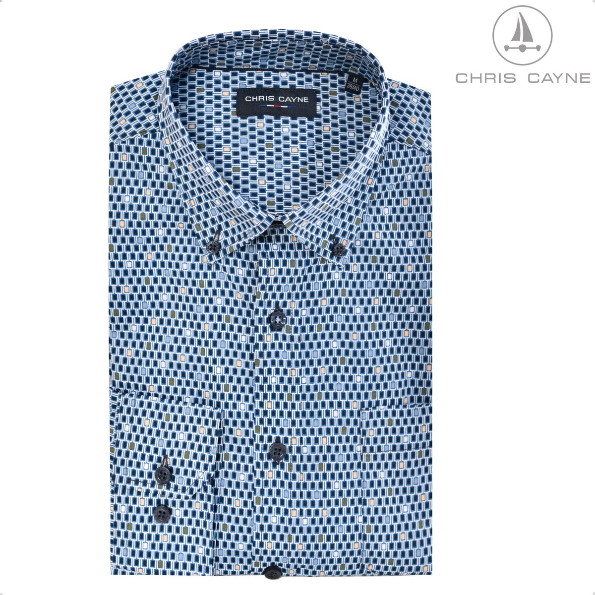 Chris Cayne overhemd lange mouw - M - middenblauw - geprint - borstzak