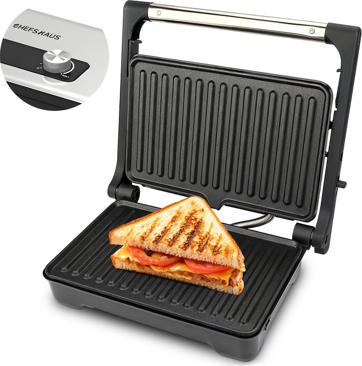 CHEFSHAUS Grillmate - 1500 W - Grill Apparaat - Tosti Apparaat - Contactgrill - Tosti IJzer met grillplaat - Anti-Aanbaklaag - PFAS vrij - 180° Uitklapbaar - Meerdere Standen - Cool Touch - Panini Grill / Croque Monsieur Toestel
