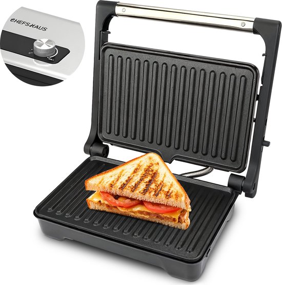 CHEFSHAUS Grillmate - Grill Apparaat - Tosti Apparaat - Contactgrill - Tosti IJzer met grillplaat - Anti-Aanbaklaag - PFAS vrij - 180° Uitklapbaar - Meerdere Standen - Cool Touch - Panini Grill / Croque Monsieur Toestel